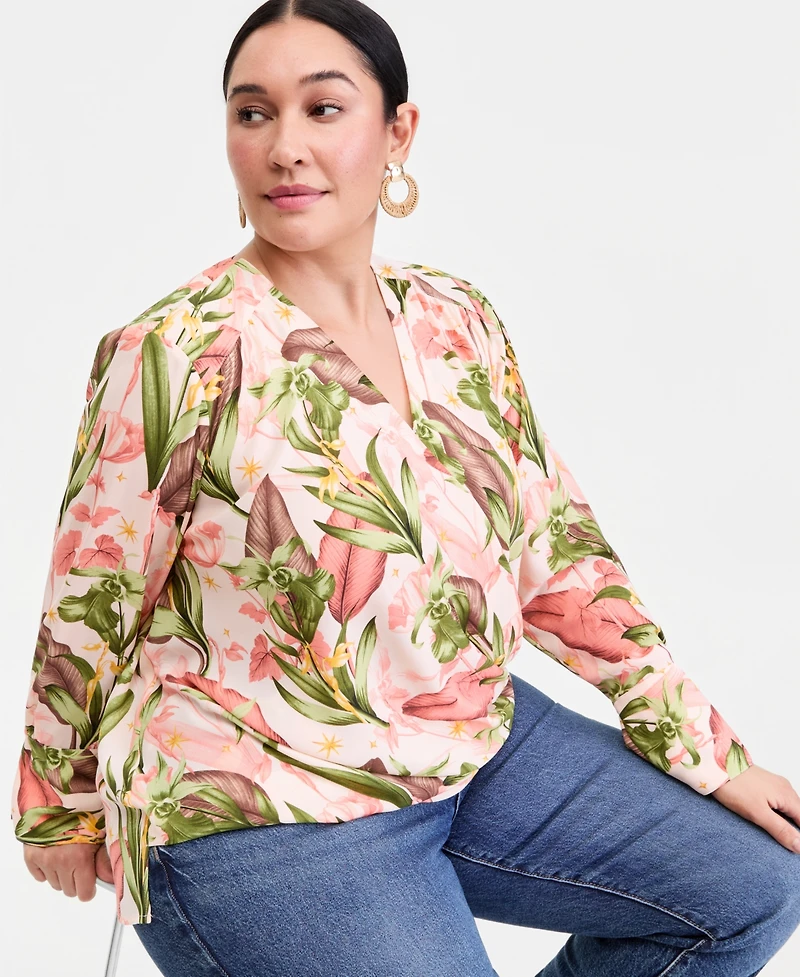 I.n.c. International Concepts Plus Printed Surplice Long-Sleeve Blouse, Macy's Exclusive