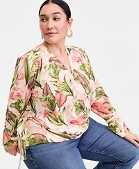 I.n.c. International Concepts Plus Printed Surplice Long-Sleeve Blouse, Macy's Exclusive