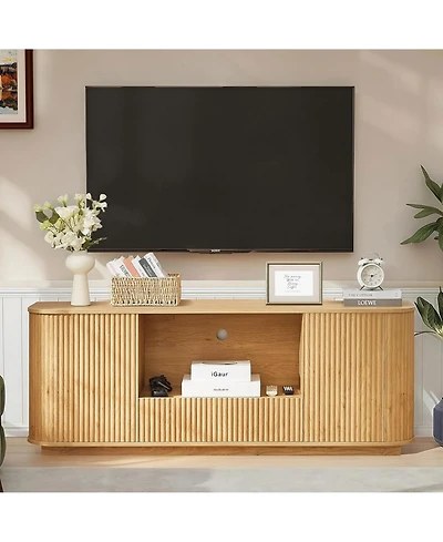 Rainsken 64" Mid Century Modern Fluted Tv Stand, Entertainment Center with 2 Doors, 1 Drawer and Open Shelf for Living Room