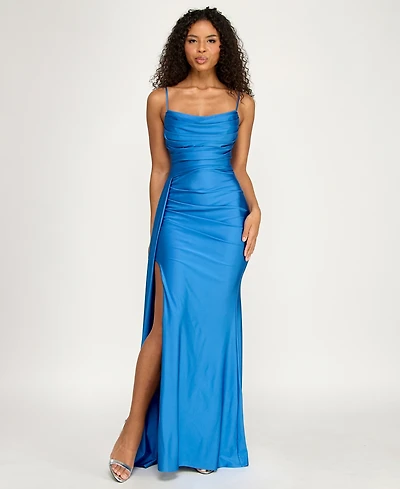 B Darlin Juniors' Sleeveless Cowl Neck Shiny Knit Gown