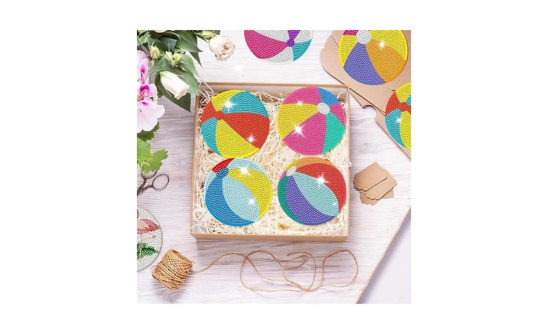 JDiction Diy Beach Ball Diamond Painting Coasters (6 Pcs) with Holder, Non-Slip Cork Base, Ideal for Home Decor and Gifting