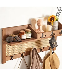 Yigii Pine & Rattan Wall Organizer - Decorative Storage for Coats & Keys