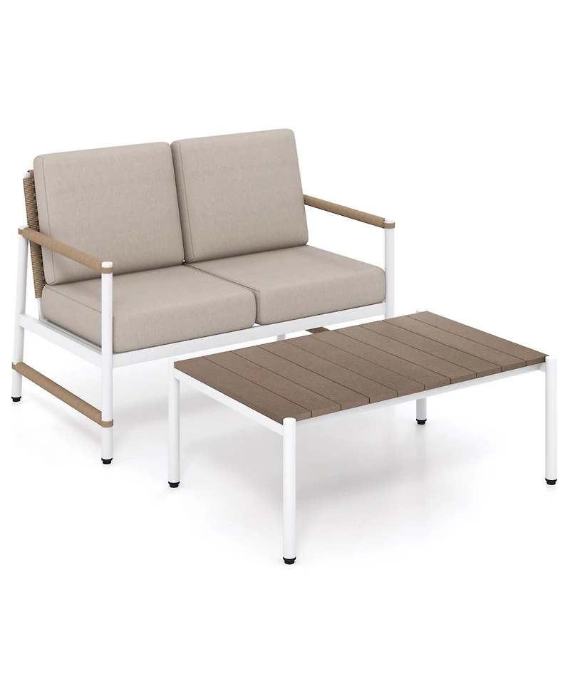 Gouun Outdoor Loveseat Sofa and Coffee Table Set with Thick Seat Cushions
