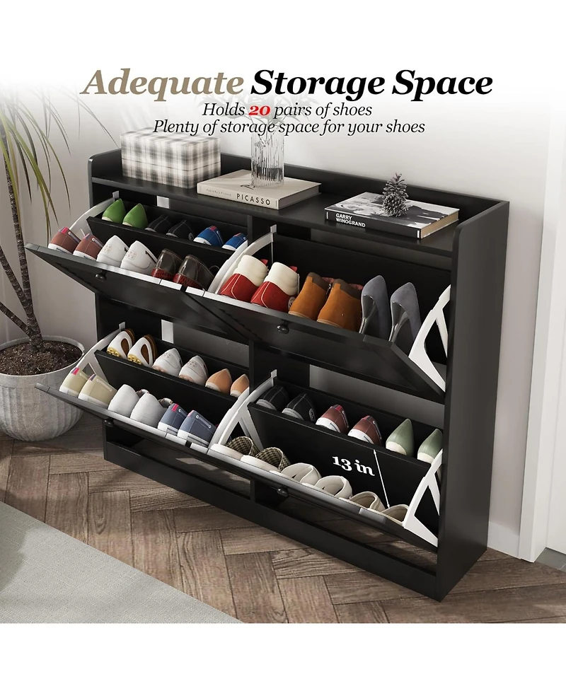 gaomon Large Shoe Cabinet with 4 Flip Drawers, Narrow Freestanding Organizer Wooden Legs,