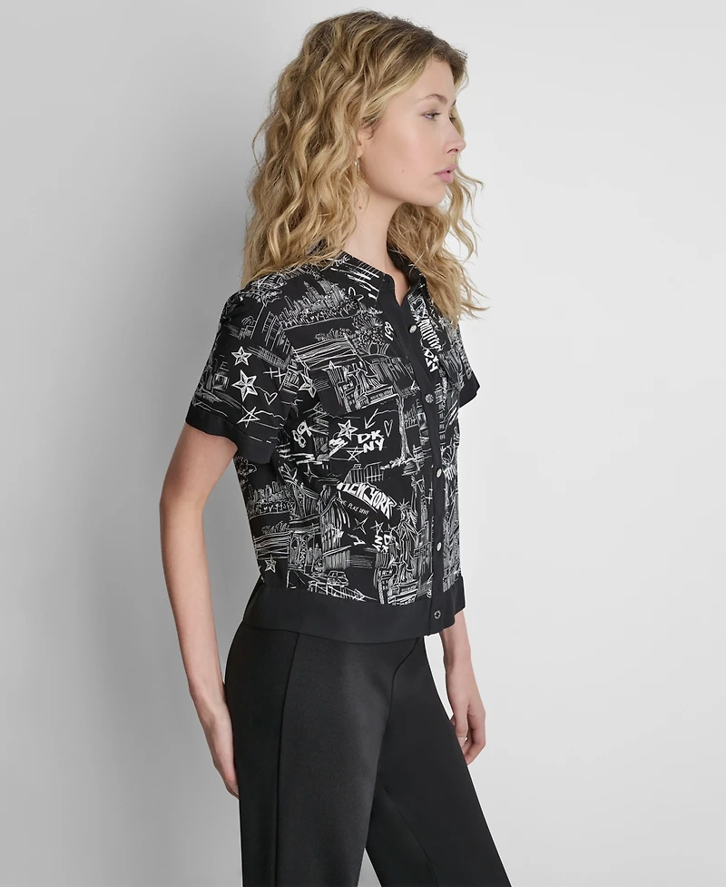 Dkny Women's Printed Short-Sleeve Camp Shirt