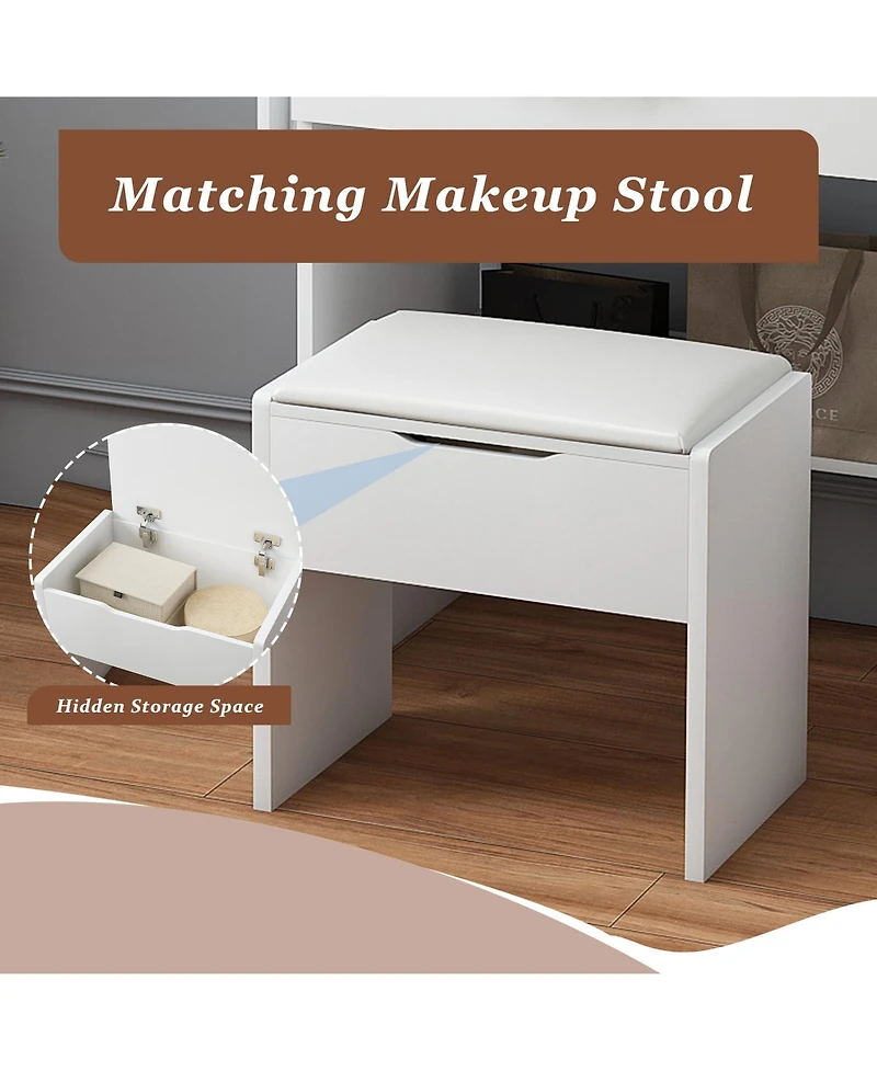 Rainsken Makeup Vanity Set with Storage Stool, Dressing Table with Led Mirror Lights, Power Outlet Charging Station, Drawers and Cabinets for Bedroom