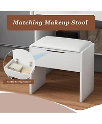Rainsken Makeup Vanity Set with Storage Stool, Dressing Table with Led Mirror Lights, Power Outlet Charging Station, Drawers and Cabinets for Bedroom