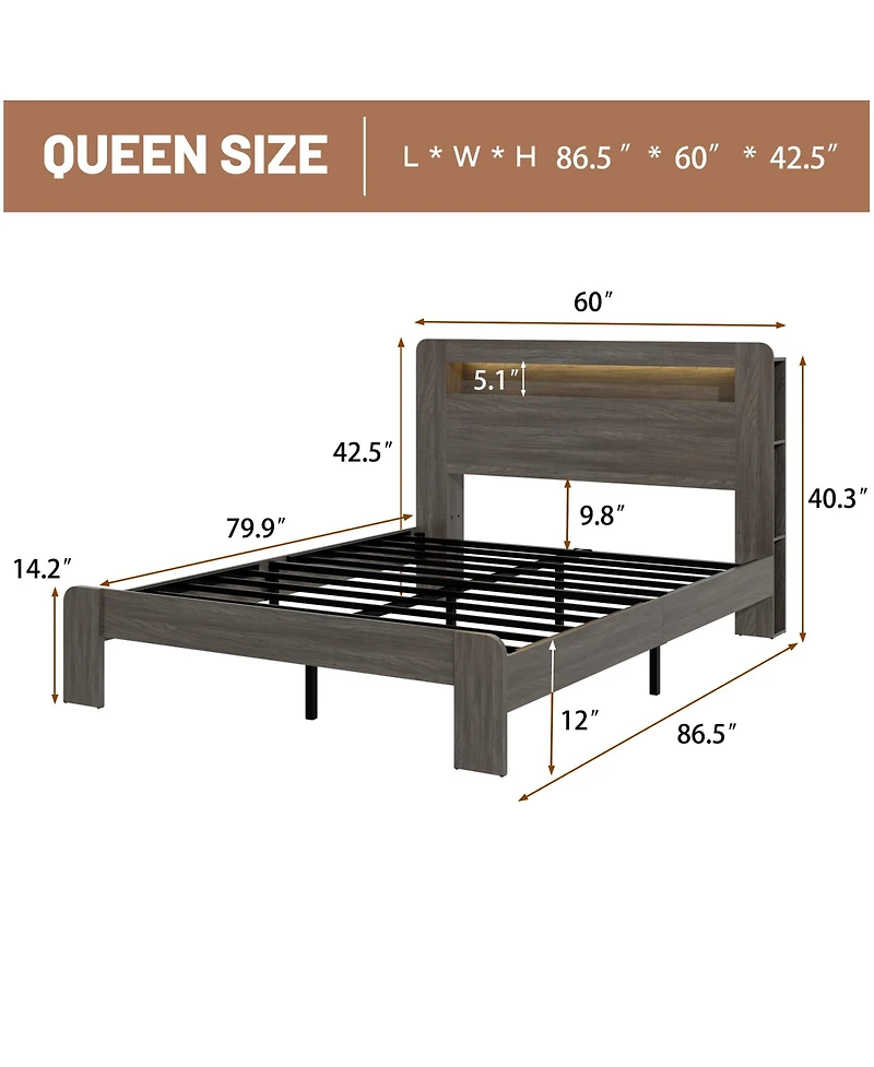Rainsken Queen Size Platform Bed Frame, Wooden Bed with Led Light Headboard, Usb Ports and Spacious Under-Bed Storage for Bedroom