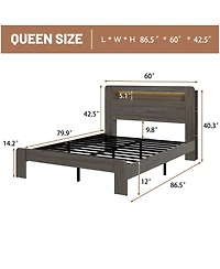 Rainsken Queen Size Platform Bed Frame, Wooden Bed with Led Light Headboard, Usb Ports and Spacious Under-Bed Storage for Bedroom
