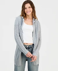 Hippie Rose Juniors' Open-Front Pointelle-Knit Hooded Cardigan