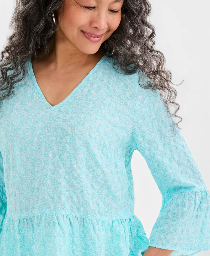 Style & Co Women's Printed V-Neck Seersucker Peplum Top, Macy's Exclusive