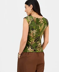 I.n.c. International Concepts Printed Sleeveless High-Neck Ruched Mesh Top, Macy's Exclusive