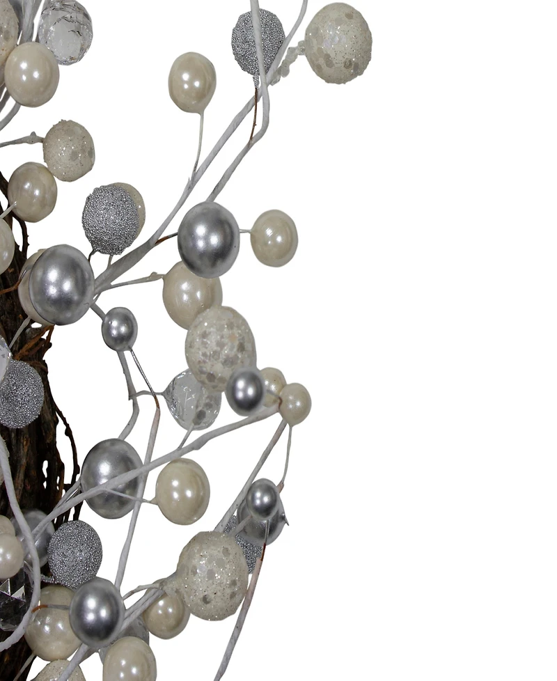 Northlight 20" Winter Wonderland Ivory and Silver Ball Ornaments on a Natural Vine Wrapped Wreath