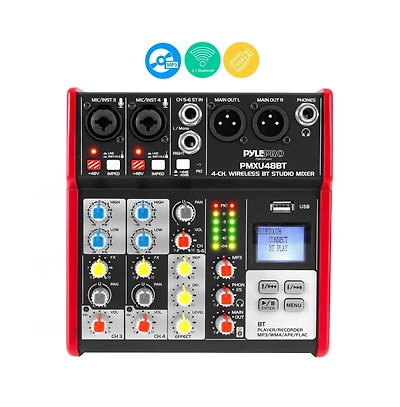Pyle 4-Ch. Bluetooth Studio Dj Mixer System with Usb Interface and Lcd Display (PMXU48BT)