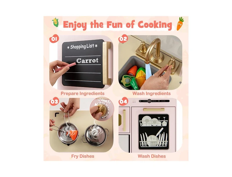 Hongge Wooden Kids Kitchen Playset with Chalkboard, Ice Maker, Sink, Microwave.