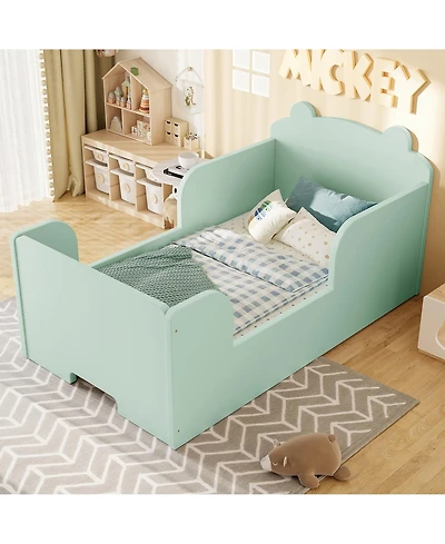 Rainsken Twin Size Wooden Kids Floor Bed, Platform Bed Frame with Safety Guard Rails and Adorable Bear Headboard for Toddler Boys and Girls Ages 3-6