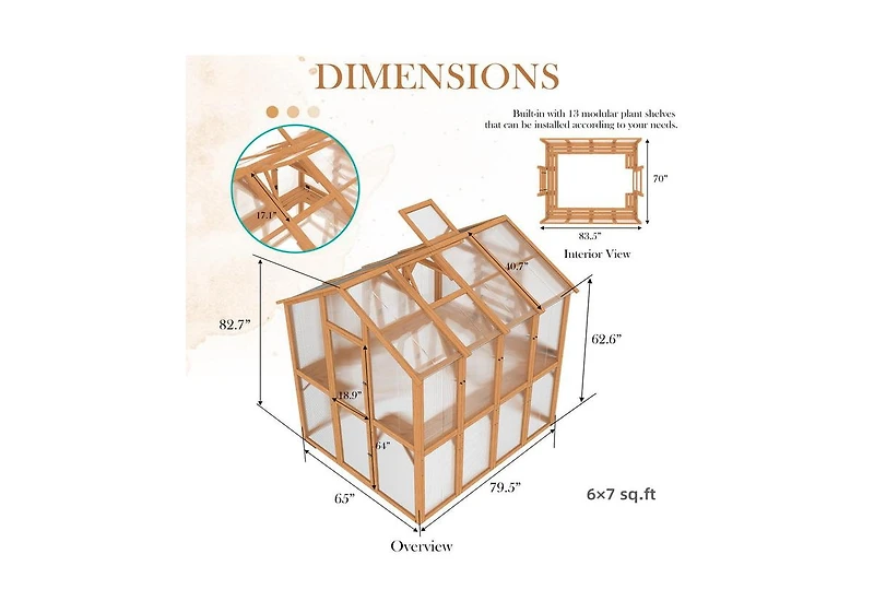 Aecojoy 6x7 Ft Wooden Greenhouse for Outdoors, Walk-in Garden Greenhouse with Plant Stand, Lockable Door