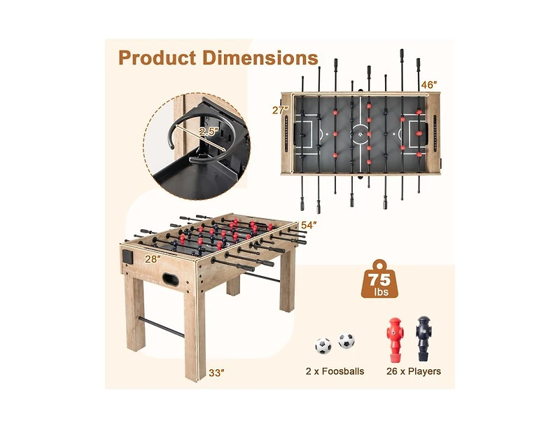 Hongge 54 Inch Full Size Foosball Table with Legs, 2 Balls, Cup Holders