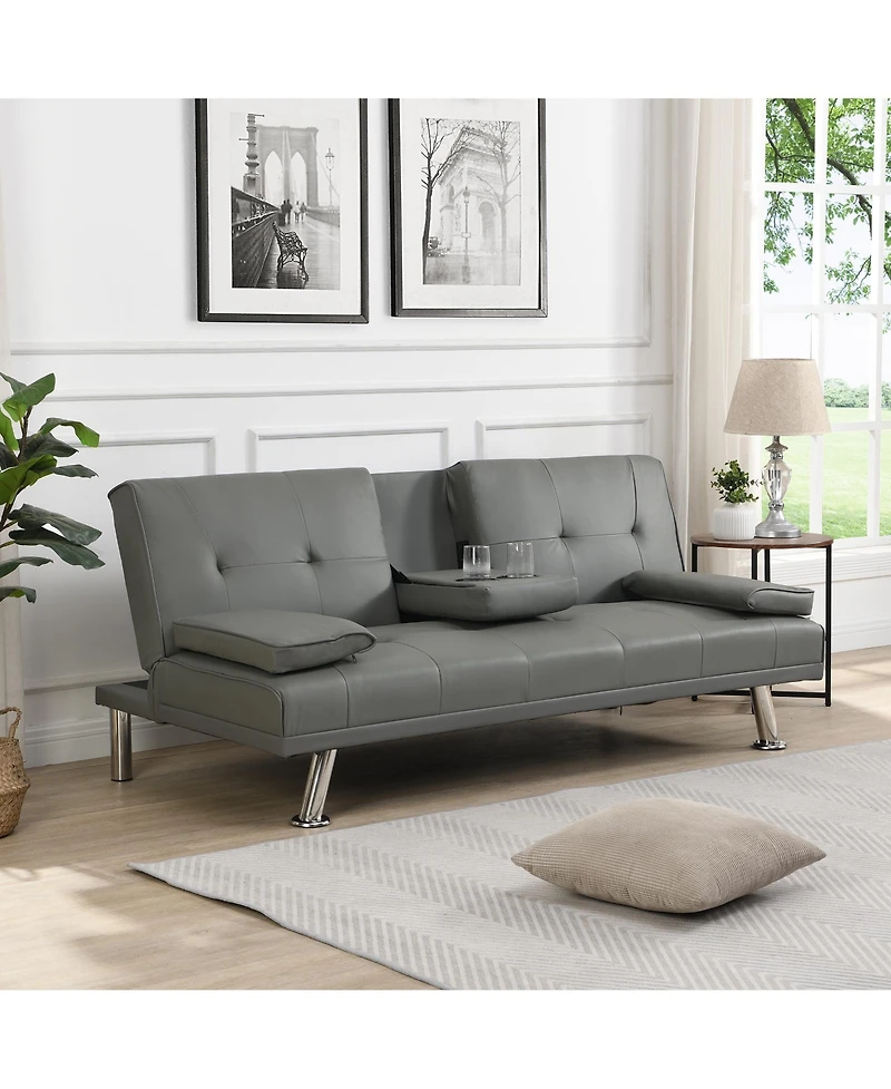 Rainsken Convertible Loveseat Futon Sofa Bed, Reversible Sleeper Daybed with Dual Cup Holders, Wood Frame and Stainless Steel Legs for Living Room