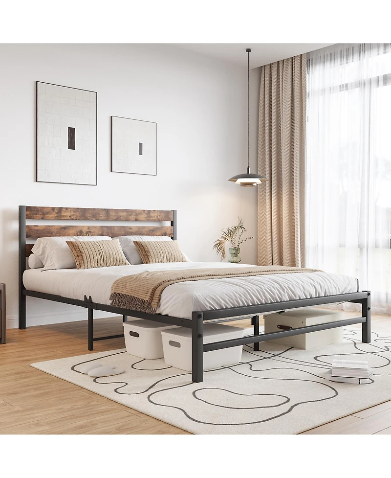 flynama Platform Bed Rustic Wood Headboard Metal Slats Storage