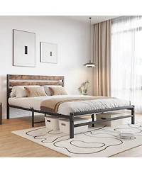 flynama Platform Bed Rustic Wood Headboard Metal Slats Storage