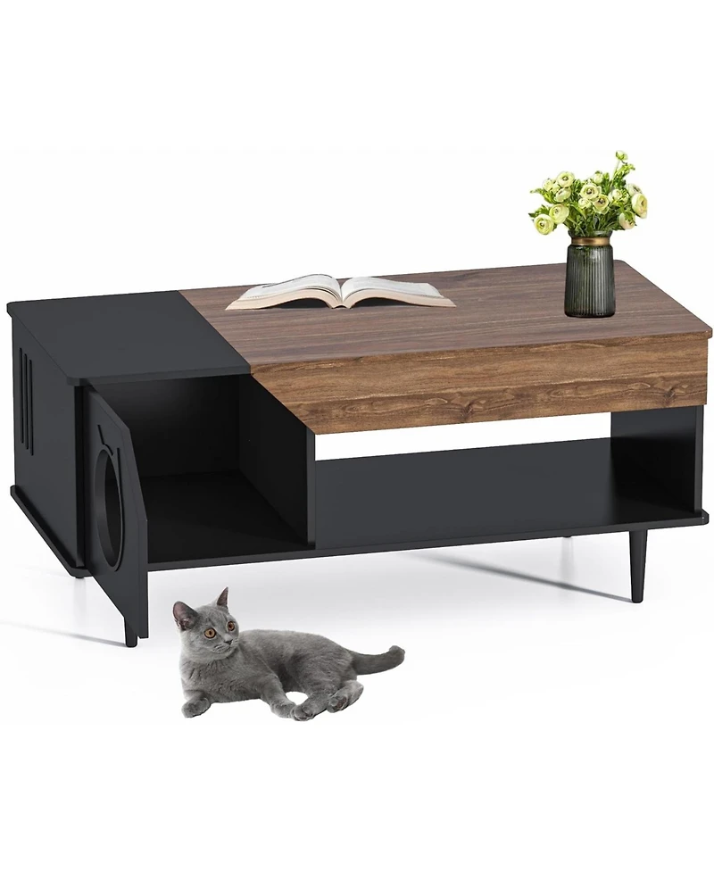 gaomon 45 in Coffee Table Cat Tables Living Room with Storage Drawer, Wooden Rustic Coffee Tables with Cat House, Hidden Kitty Food Table Litter Box