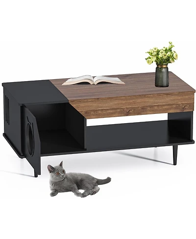 gaomon 45 in Coffee Table Cat Tables Living Room with Storage Drawer, Wooden Rustic Coffee Tables with Cat House, Hidden Kitty Food Table Litter Box