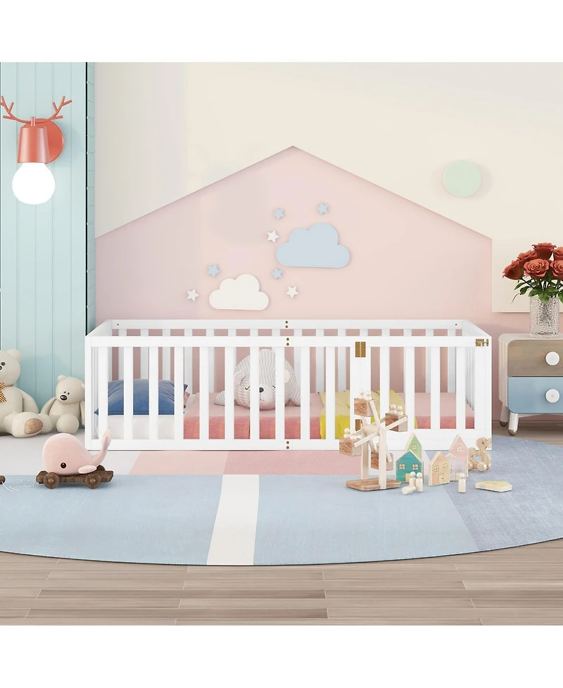 flynama Twin Size Wood Floor Bed Frame with Surrounding Fence Removable Door and Open Row Design