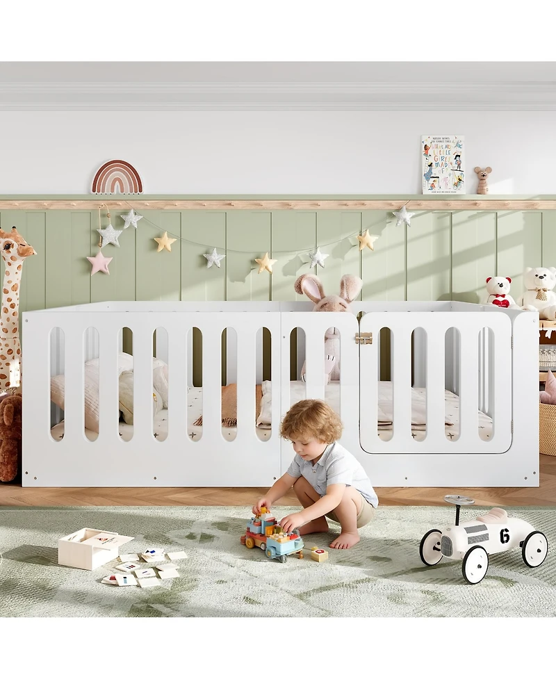 Rainsken Solid Wood Floor Bed, Sturdy Kids Bed Frame with Full Guardrails and Door, Low-Profile Design for Boys Girls, No Box Spring Needed