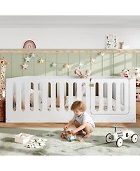 Rainsken Solid Wood Floor Bed, Sturdy Kids Bed Frame with Full Guardrails and Door, Low-Profile Design for Boys Girls, No Box Spring Needed