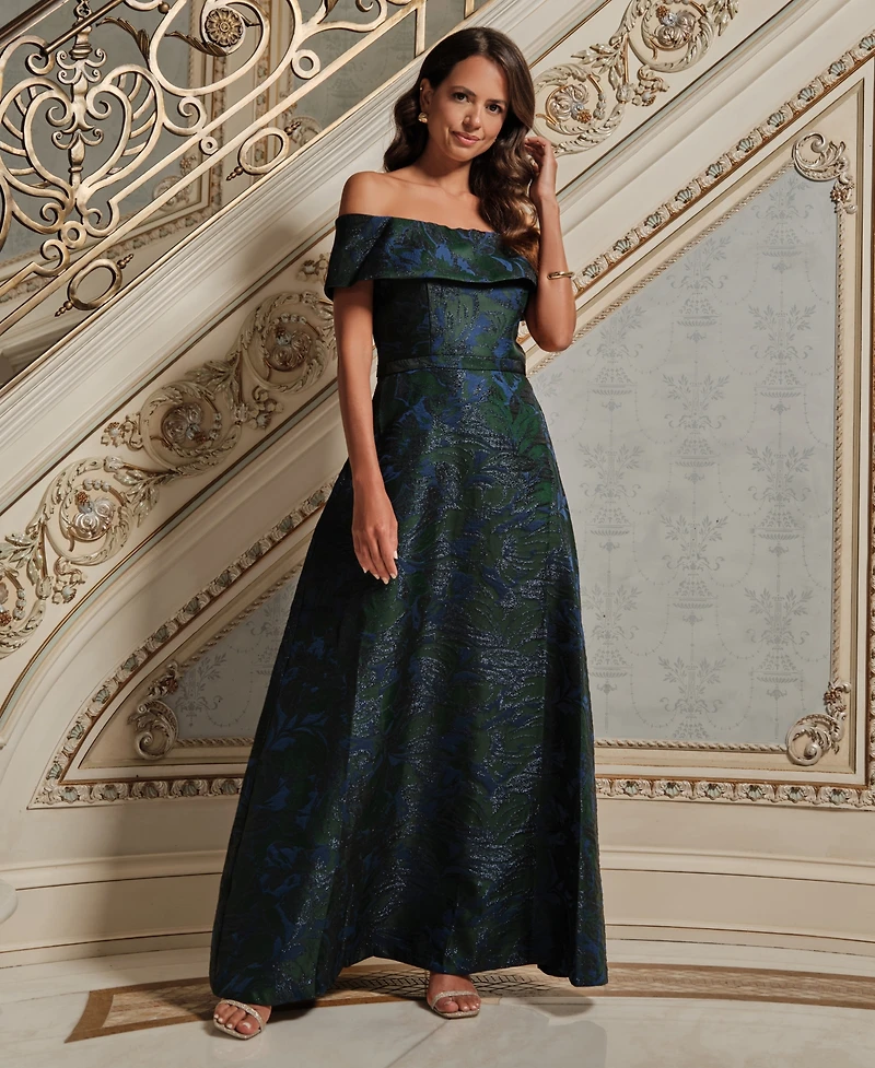 Xscape Women's Jacquard Off-The-Shoulder Ball Gown