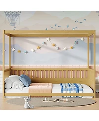 flynama Wooden Canopy Floor Bed With Guardrails Four Poster Design Natural For Kids
