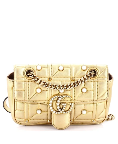 Pre-Owned Gucci Mini Pearly Gg Marmont Flap Bag Embellished Matelasse Leather