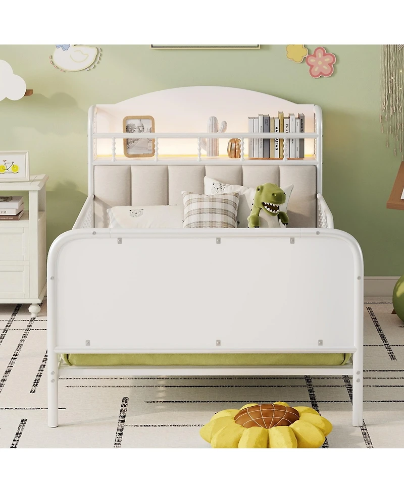 flynama Metal Platform Bed With Led Light Velvet Upholstered Headboard Storage