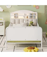 flynama Metal Platform Bed With Led Light Velvet Upholstered Headboard Storage