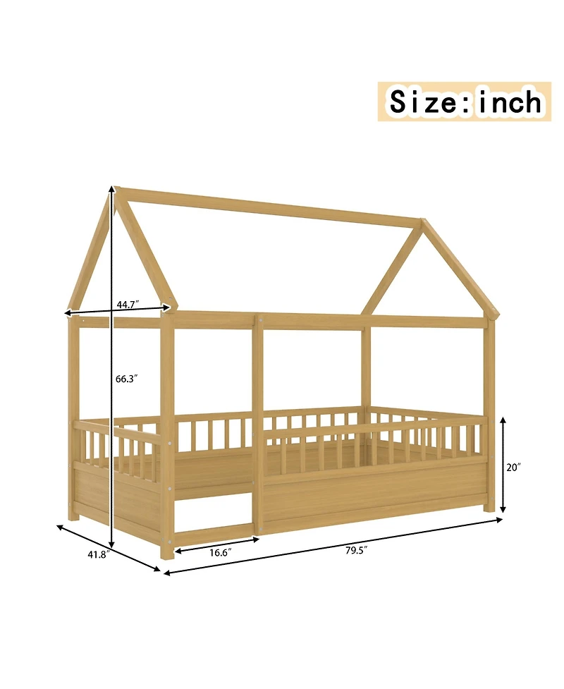 flynama Wooden Floor Bed With House Roof Frame And Fence Guardrails For Kids