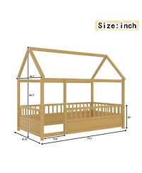 flynama Wooden Floor Bed With House Roof Frame And Fence Guardrails For Kids