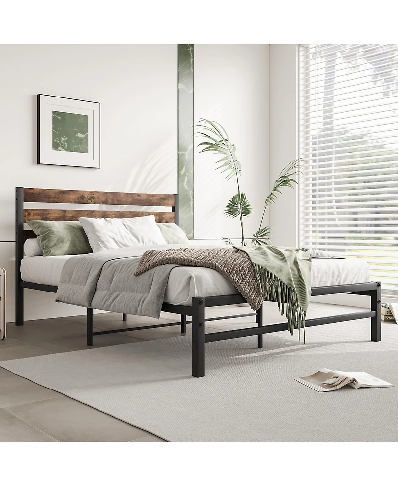flynama Platform Bed Rustic Wood Headboard Metal Slats Storage