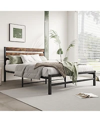 flynama Platform Bed Rustic Wood Headboard Metal Slats Storage