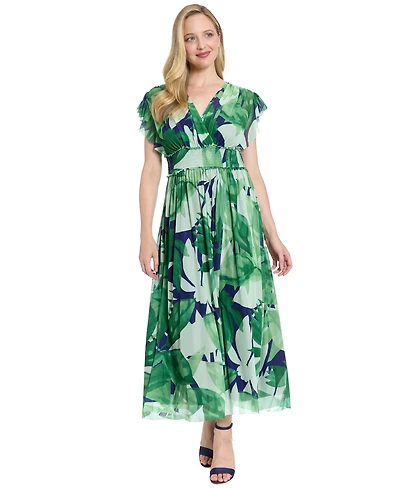London Times Women's Printed V-Neck Maxi Dress
