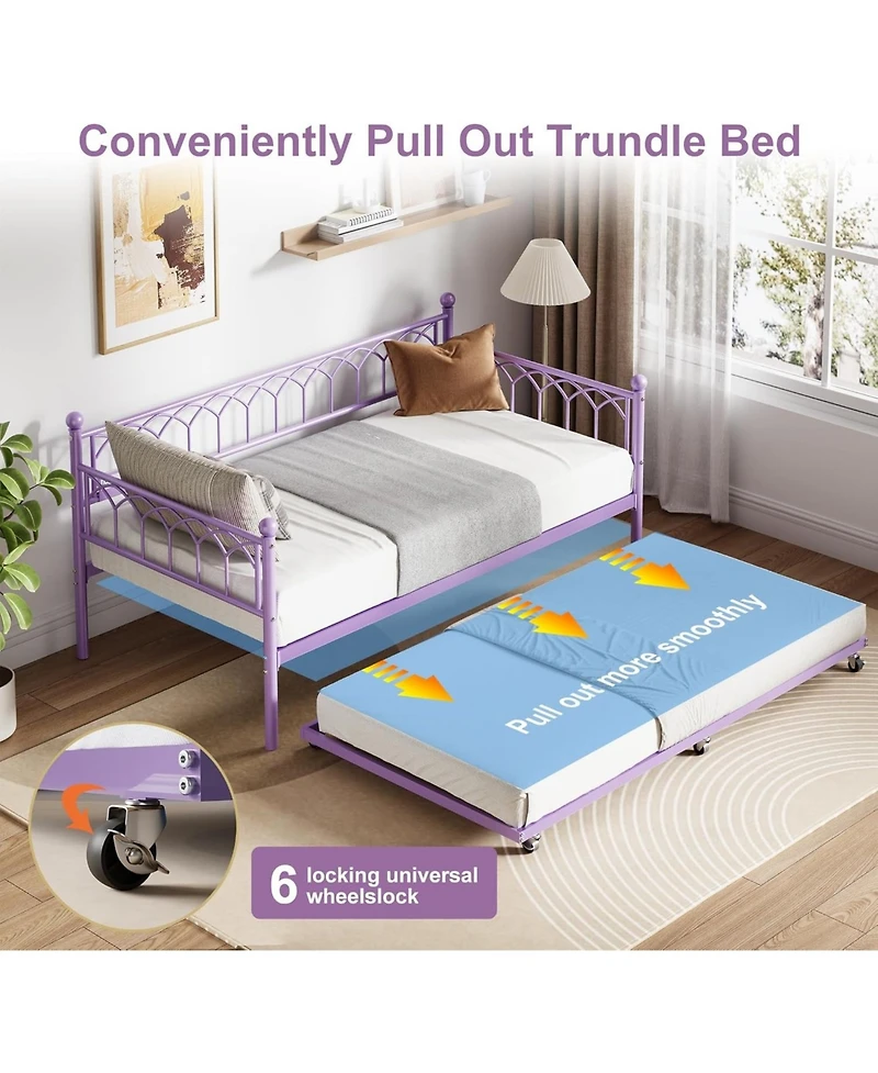 gaomon Twin Daybed with Trundle, Sofa Bed Frame with Charging Station & Led Lights, Heavy Duty Metal