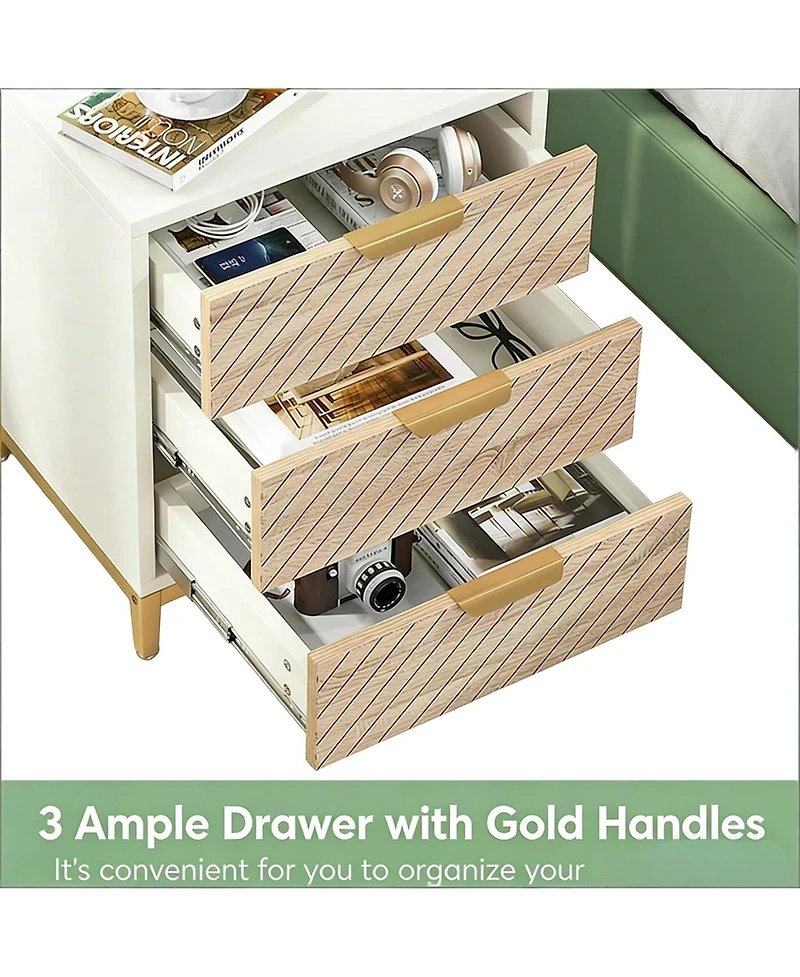 Rainsken 3-Drawer Bedside Table, Wooden Nightstand with Gold Metal Frame and Adjustable Invisible Foot Pads for Bedroom