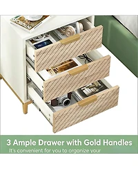 Rainsken 3-Drawer Bedside Table, Wooden Nightstand with Gold Metal Frame and Adjustable Invisible Foot Pads for Bedroom