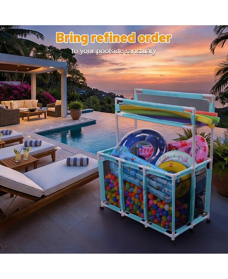 Yescom 424 Gal Pool Float Storage Bin Blue Net Replacement 52"x33"x67" 2 Tiers Rolling Toys Cart