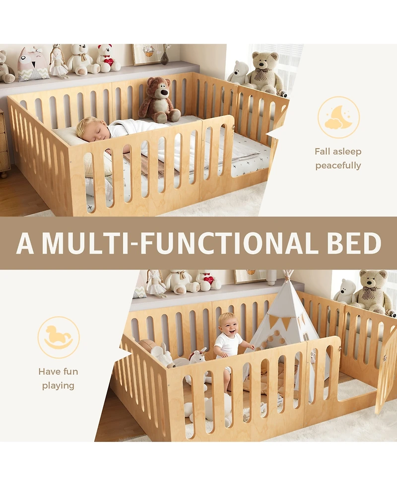 Rainsken Queen Size Kids Floor Bed, Solid Wood Bed Frame with High Side Fence and Door, Children's Sleep Bed for Boys Girls, No Box Spring Required