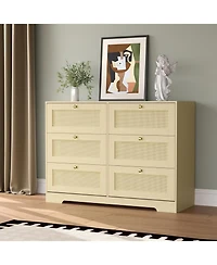 gaomon Rattan Dresser with 6 Drawers, Modern Boho Wooden Dresser for Bedroom Storage, Wicker Chest of Drawers with Metal Handles and Solid Wood Legs