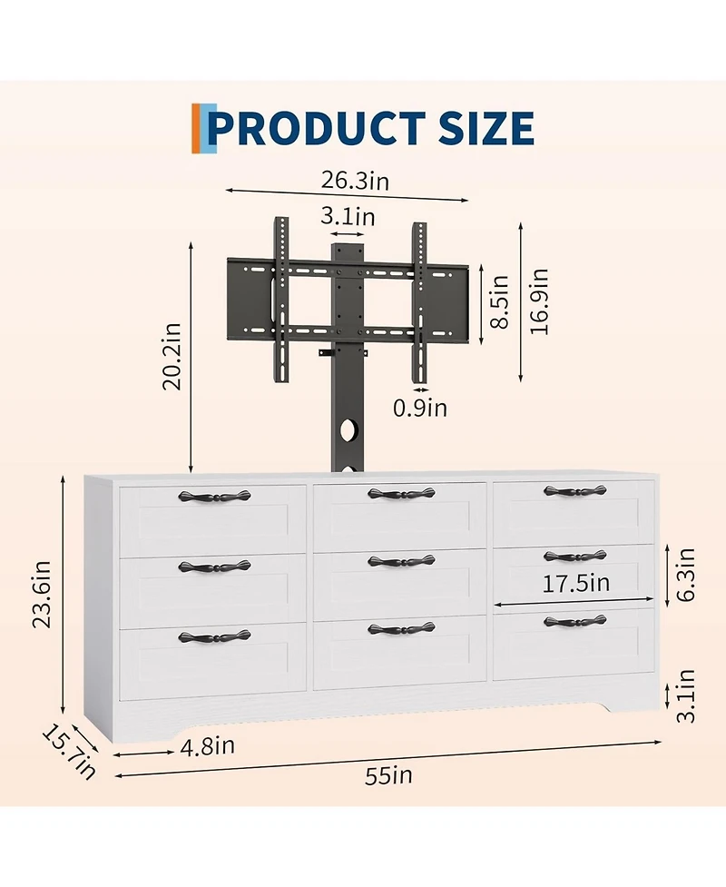 gaomon 9 Drawer Dresser Tv Stand with Mount for 32-85 in TVs, Modern Entertainment Center with Drawers, Media Console Table for Bedroom Living