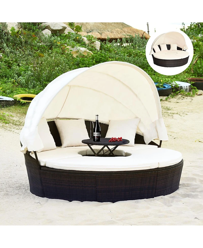Gymax Cushioned Patio Rattan Round Daybed w/ Adjustable Table 3 Pillows Canopy