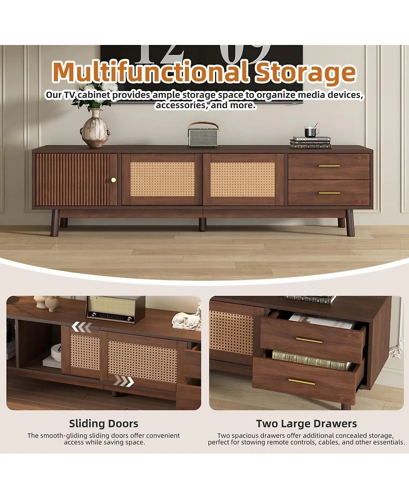 Maison Boucle Mid Century Tv Stand 70'' Media Console Cabinet Rattan Sliding Doors