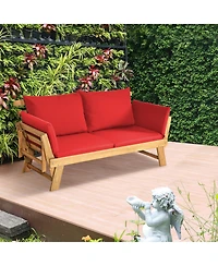 Gymax Adjustable Patio Sofa Daybed Acacia Wood Furniture w/ Cushions